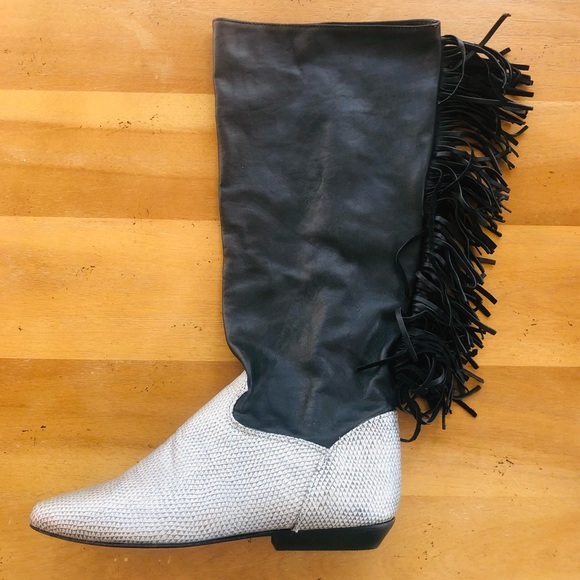 Vintage Shoes - Vintage Black and Silver Fringed Leather Boots Tall Slouchy Zodiac Boots 7.5